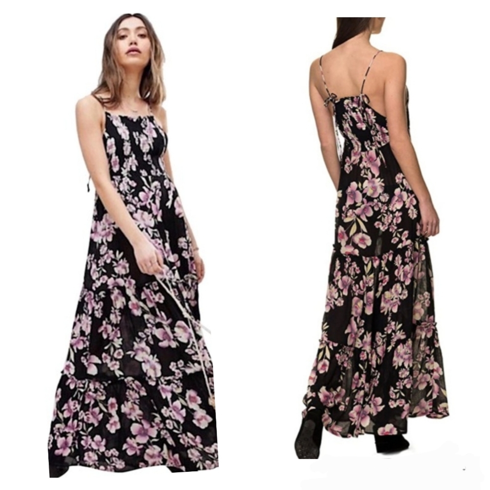 Free People Garden Party Black Floral Smocked Maxi Dress Size XS NEW NWT Boho